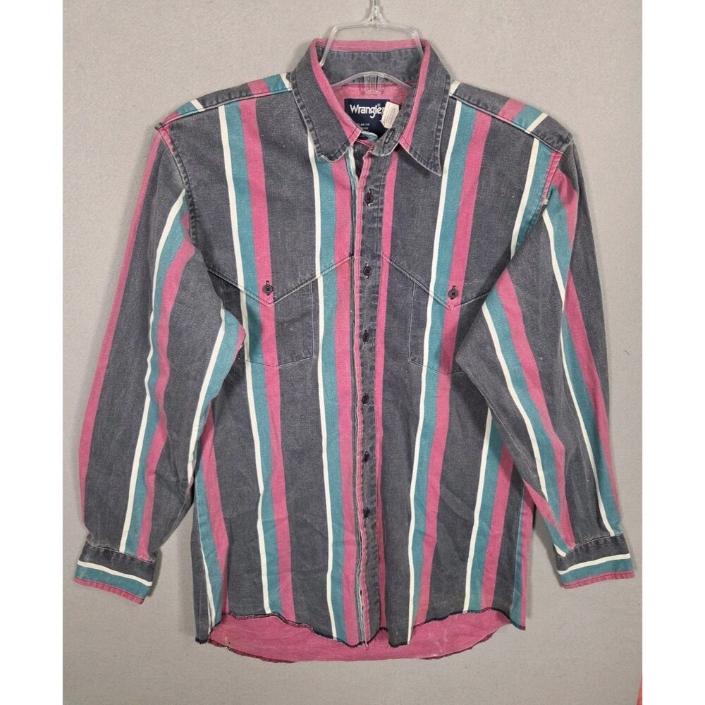 Vtg Wrangler Brushpopper Shirt M Grey Teal Pink  Cape Yoke Rodeo Cowboy USAMade